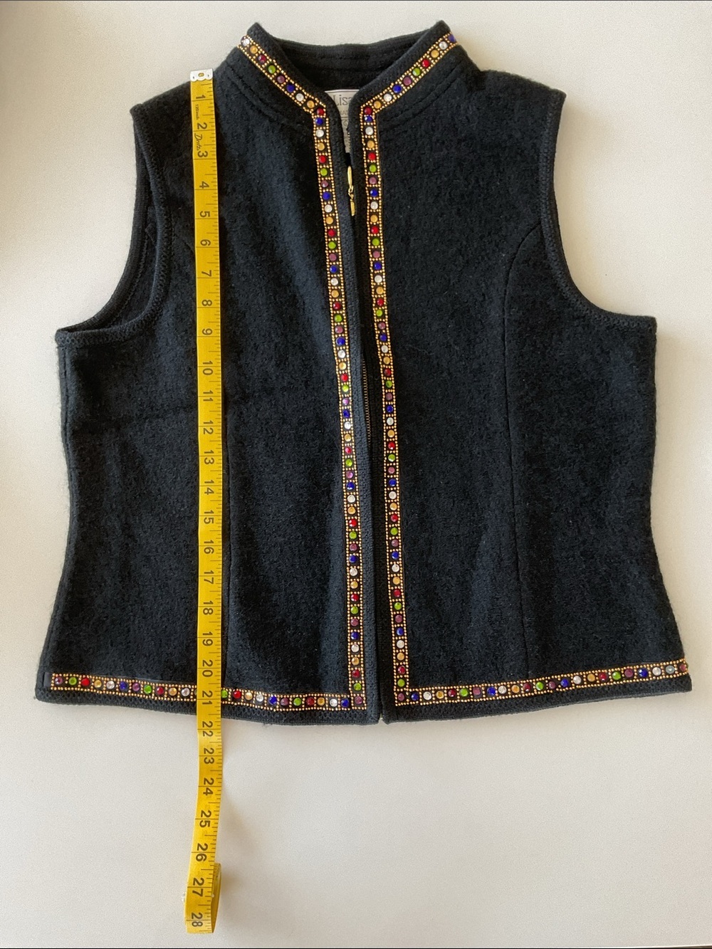 Lisa International Black Wool Zip Vest with Multicolor Jewel Trim • Large - Picture 6 of 6